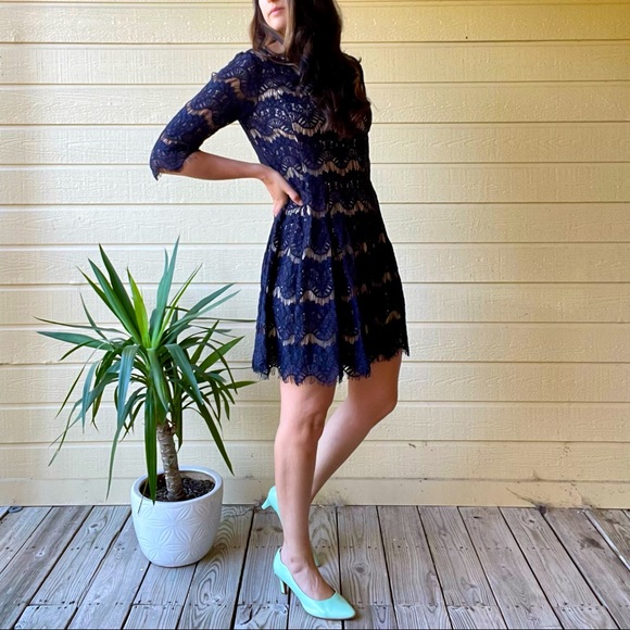 Jessica Howard Fringe Lace Shift Dress - Navy | Size 12P - Picture 1 of 5